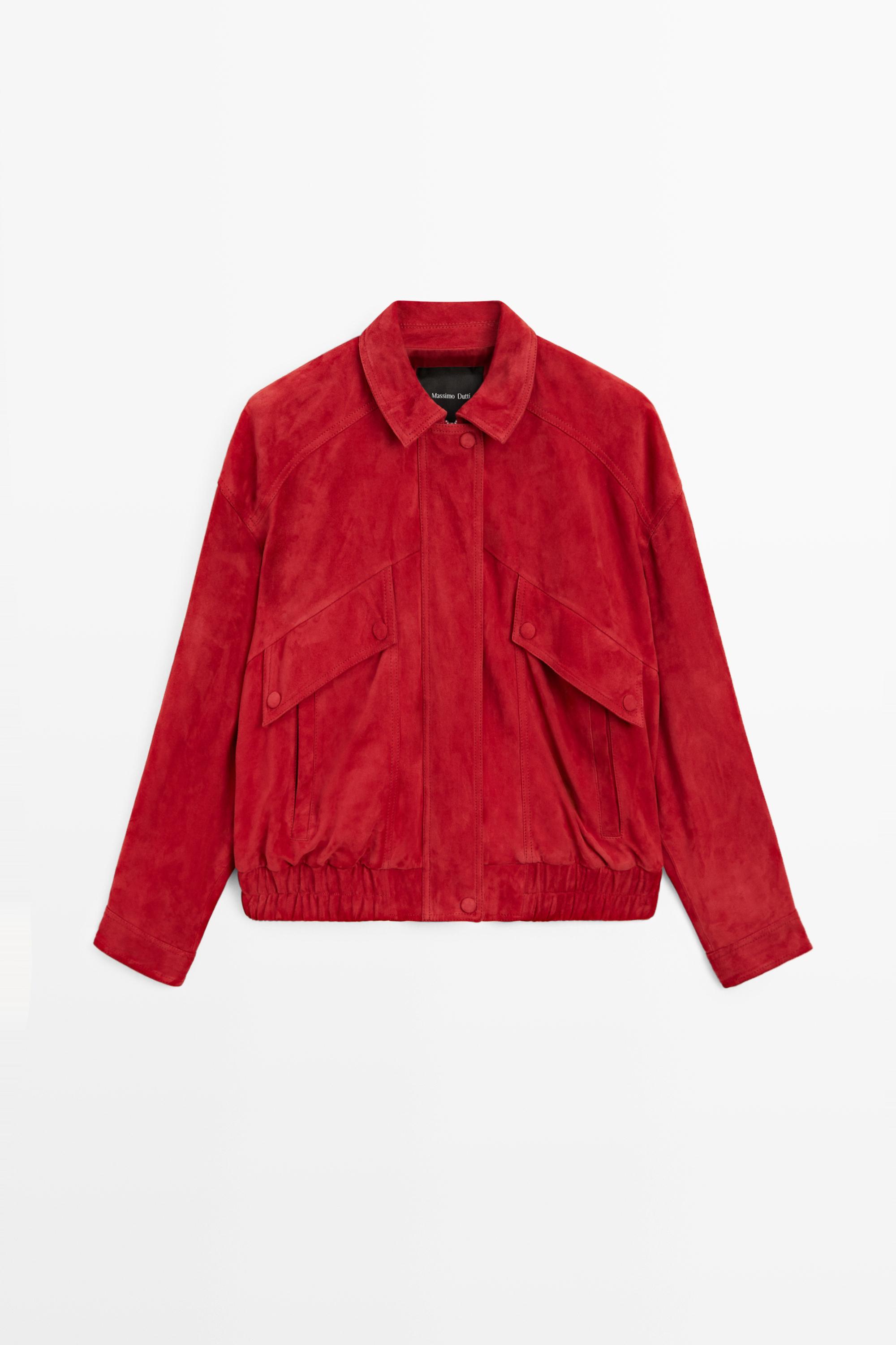 Suede leather bomber jacket with pocket details